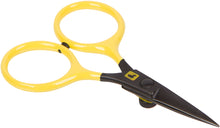Saks med gule fingerringe, sorte spidse blade og en rund skrue ved samlingen.