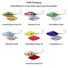 DAM Effzett Pro Trout Inline Spoon 5g Gennemløber – farveoversigt med 7 farver
